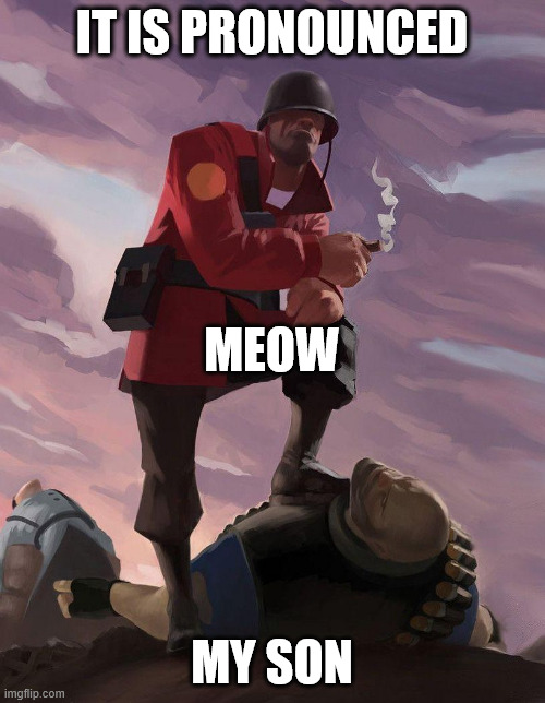 TF2 soldier poster crop | IT IS PRONOUNCED MY SON MEOW | image tagged in tf2 soldier poster crop | made w/ Imgflip meme maker