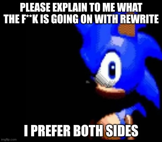 Sonic stares | PLEASE EXPLAIN TO ME WHAT THE F**K IS GOING ON WITH REWRITE; I PREFER BOTH SIDES | image tagged in sonic stares | made w/ Imgflip meme maker