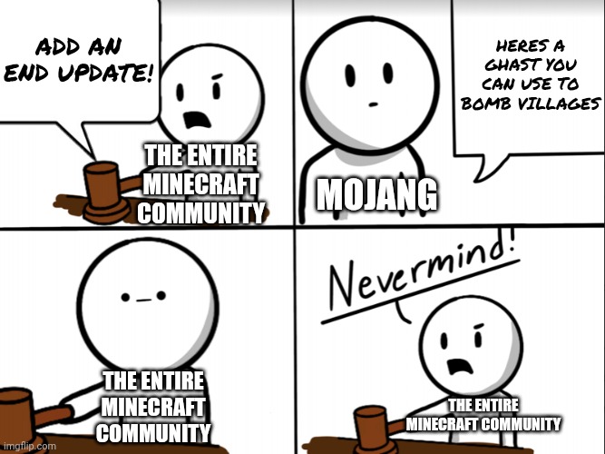literally the purpose of happy ghasts | HERES A GHAST YOU CAN USE TO BOMB VILLAGES; ADD AN END UPDATE! THE ENTIRE MINECRAFT COMMUNITY; MOJANG; THE ENTIRE MINECRAFT COMMUNITY; THE ENTIRE MINECRAFT COMMUNITY | image tagged in the greatest lawyer in the world,minecraft,new snapshot,happy ghasts,minecraft update,memes | made w/ Imgflip meme maker