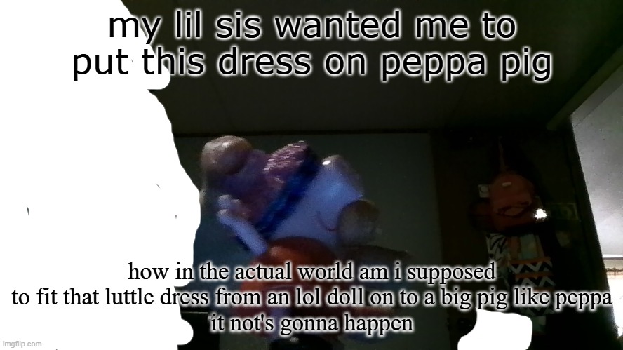 my lil sis wanted me to put this dress on peppa pig; how in the actual world am i supposed to fit that luttle dress from an lol doll on to a big pig like peppa
it not's gonna happen | made w/ Imgflip meme maker