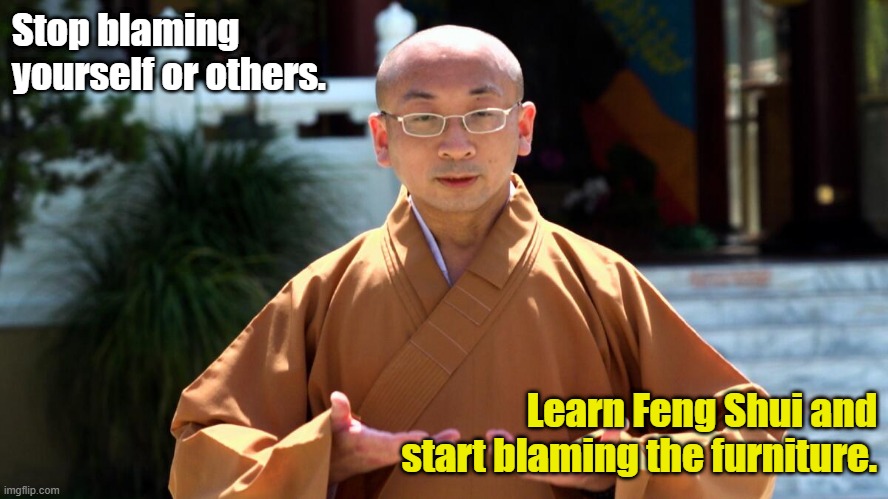 Monk and Feng Shui | Stop blaming yourself or others. Learn Feng Shui and start blaming the furniture. | image tagged in funny | made w/ Imgflip meme maker