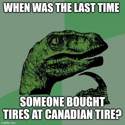 Philosoraptor Meme | WHEN WAS THE LAST TIME; SOMEONE BOUGHT TIRES AT CANADIAN TIRE? | image tagged in memes,philosoraptor | made w/ Imgflip meme maker