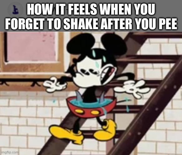 How it feels when u don’t shake | HOW IT FEELS WHEN YOU FORGET TO SHAKE AFTER YOU PEE | image tagged in funny,mickey mouse | made w/ Imgflip meme maker
