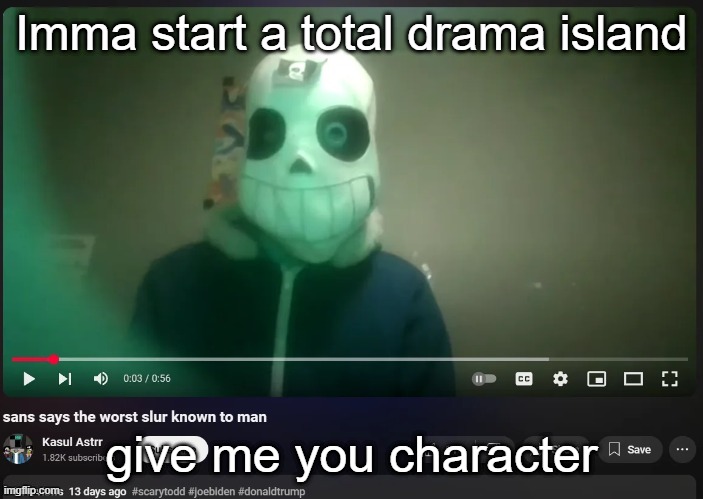 sans says the worst slur known to man | Imma start a total drama island; give me you character | image tagged in sans says the worst slur known to man | made w/ Imgflip meme maker
