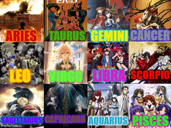 Best Anime for each Zodiac Sign | TAURUS; GEMINI; CANCER; ARIES; SCORPIO; LEO; LIBRA; VIRGO; CAPRICORN; SAGITTARIUS; AQUARIUS; PISCES | image tagged in anime,anime meme,zodiac signs,anime memes | made w/ Imgflip meme maker
