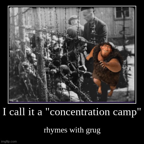 Grug, NOO- | I call it a "concentration camp" | rhymes with grug | image tagged in demotivationals,funny,dark humor | made w/ Imgflip demotivational maker