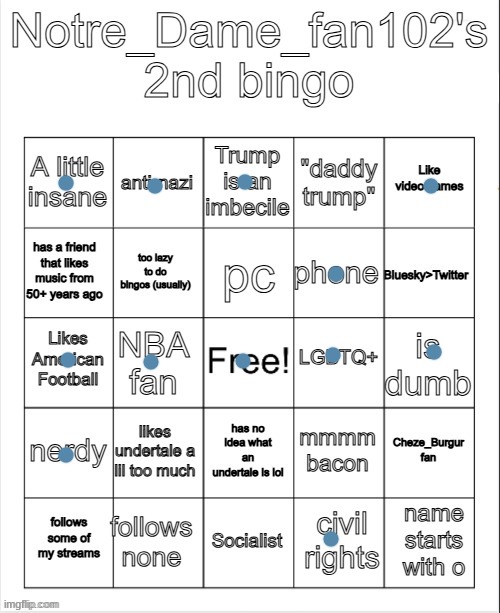 Notre_Dame_Fan102's 2nd Bingo | image tagged in notre_dame_fan102's 2nd bingo | made w/ Imgflip meme maker