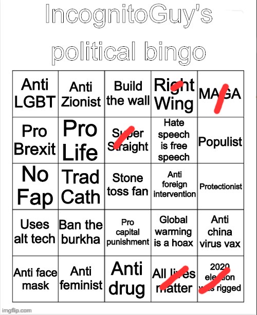 IncognitoGuy’s political bingo | image tagged in incognitoguy s political bingo | made w/ Imgflip meme maker