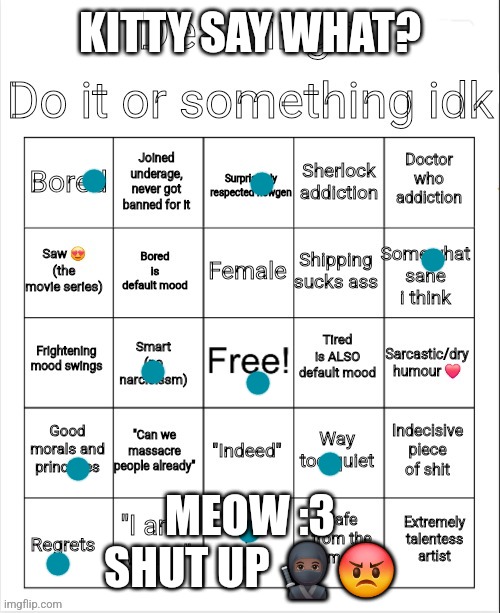 kitty said meow not what :( | KITTY SAY WHAT? MEOW :3
SHUT UP 🥷🏿😡 | image tagged in dea bingo | made w/ Imgflip meme maker