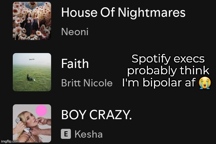 This was a new music recommendation list lmao | Spotify execs probably think I'm bipolar af 😭 | made w/ Imgflip meme maker
