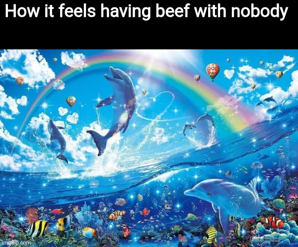 Happy dolphin rainbow | How it feels having beef with nobody | image tagged in happy dolphin rainbow | made w/ Imgflip meme maker