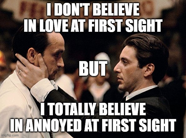 At first sight | I DON'T BELIEVE IN LOVE AT FIRST SIGHT; BUT; I TOTALLY BELIEVE IN ANNOYED AT FIRST SIGHT | image tagged in you broke my heart,annoyed,first sight | made w/ Imgflip meme maker