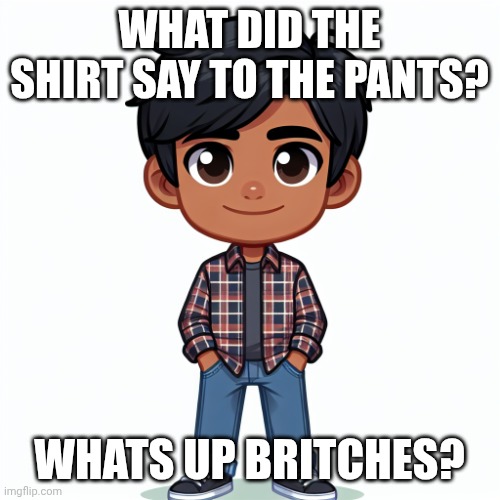 Tell a joke. Get fired.... | WHAT DID THE SHIRT SAY TO THE PANTS? WHATS UP BRITCHES? | image tagged in regularfellow in cartoon | made w/ Imgflip meme maker