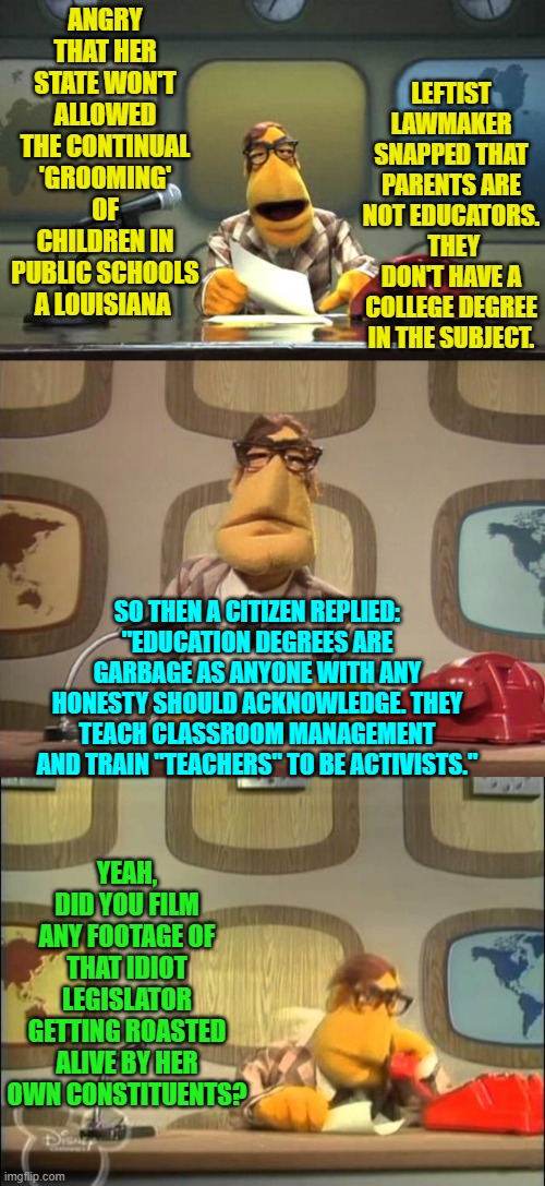 Arrogant leftists never think before shooting off their mouths. | LEFTIST LAWMAKER SNAPPED THAT PARENTS ARE NOT EDUCATORS.  THEY DON'T HAVE A COLLEGE DEGREE IN THE SUBJECT. ANGRY THAT HER STATE WON'T ALLOWED THE CONTINUAL 'GROOMING' OF CHILDREN IN PUBLIC SCHOOLS A LOUISIANA; SO THEN A CITIZEN REPLIED: "EDUCATION DEGREES ARE GARBAGE AS ANYONE WITH ANY HONESTY SHOULD ACKNOWLEDGE. THEY TEACH CLASSROOM MANAGEMENT AND TRAIN "TEACHERS" TO BE ACTIVISTS."; YEAH, DID YOU FILM ANY FOOTAGE OF THAT IDIOT LEGISLATOR GETTING ROASTED ALIVE BY HER OWN CONSTITUENTS? | image tagged in muppet news flash | made w/ Imgflip meme maker