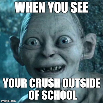 Gollum Meme | WHEN YOU SEE YOUR CRUSH OUTSIDE OF SCHOOL | image tagged in memes,gollum | made w/ Imgflip meme maker