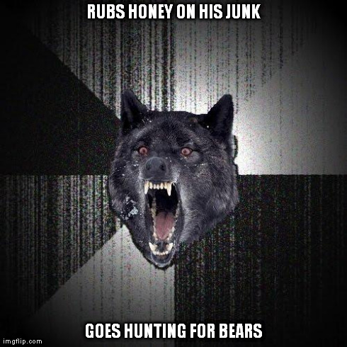 Insanity Wolf Meme | RUBS HONEY ON HIS JUNK GOES HUNTING FOR BEARS | image tagged in memes,insanity wolf | made w/ Imgflip meme maker