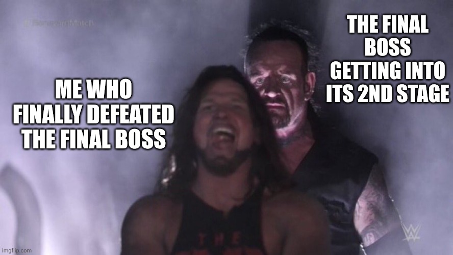 Welp here we go again | THE FINAL BOSS GETTING INTO ITS 2ND STAGE; ME WHO FINALLY DEFEATED THE FINAL BOSS | image tagged in aj styles undertaker,memes,funny,boss | made w/ Imgflip meme maker