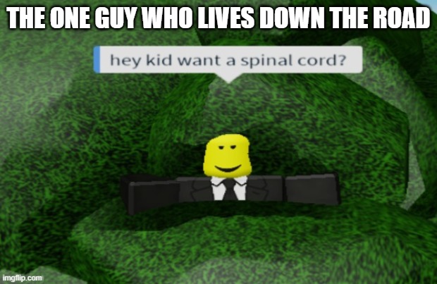 Sh*tpost | THE ONE GUY WHO LIVES DOWN THE ROAD | image tagged in want some spinal cord | made w/ Imgflip meme maker