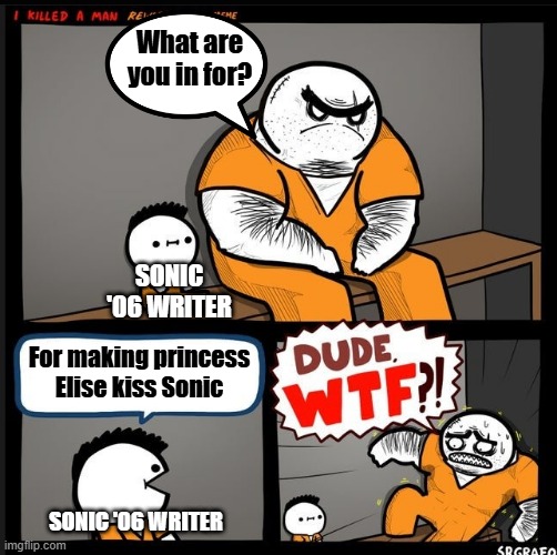 Princess Elise a character that no sonic fan talks about | What are you in for? SONIC '06 WRITER; For making princess Elise kiss Sonic; SONIC '06 WRITER | image tagged in srgrafo dude wtf,sonic the hedgehog,sonic 06,princess elise,sega,sonic | made w/ Imgflip meme maker