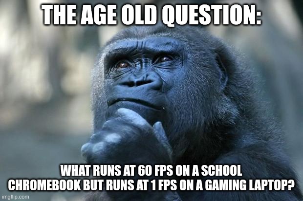 only ogs know (Hint: it starts with e and ends with t) | THE AGE OLD QUESTION:; WHAT RUNS AT 60 FPS ON A SCHOOL CHROMEBOOK BUT RUNS AT 1 FPS ON A GAMING LAPTOP? | image tagged in deep thoughts,fun,memes,hot,trending | made w/ Imgflip meme maker