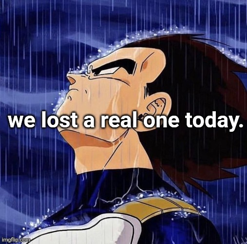 Vegeta in the rain | we lost a real one today. | image tagged in vegeta in the rain | made w/ Imgflip meme maker