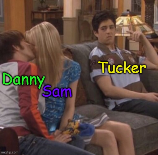 Tucker Foley the 3rd wheel | Tucker; Danny; Sam | image tagged in drake josh 3rd wheel,danny phantom,nickelodeon | made w/ Imgflip meme maker