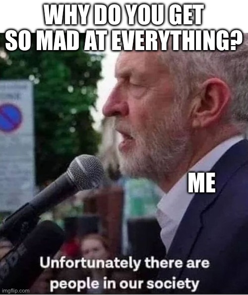 Unfortunately there are people in our society | WHY DO YOU GET SO MAD AT EVERYTHING? ME | image tagged in unfortunately there are people in our society | made w/ Imgflip meme maker