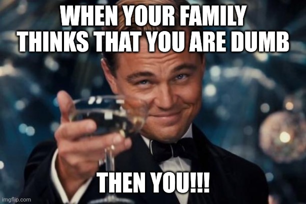 Leonardo Dicaprio Cheers | WHEN YOUR FAMILY THINKS THAT YOU ARE DUMB; THEN YOU!!! | image tagged in memes,leonardo dicaprio cheers | made w/ Imgflip meme maker
