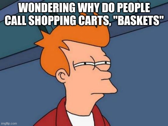 Grocery curiosity | WONDERING WHY DO PEOPLE CALL SHOPPING CARTS, "BASKETS" | image tagged in memes,futurama fry,funny,grocery store | made w/ Imgflip meme maker