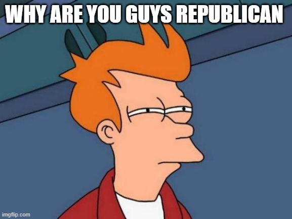 Explain without using the word liberal or anything like that | WHY ARE YOU GUYS REPUBLICAN | image tagged in memes,futurama fry | made w/ Imgflip meme maker