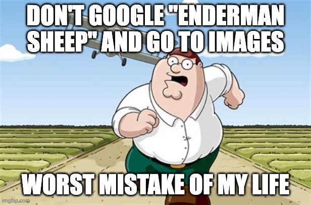 Helmg naw! | DON'T GOOGLE "ENDERMAN SHEEP" AND GO TO IMAGES; WORST MISTAKE OF MY LIFE | image tagged in don't go to x worst mistake of my life | made w/ Imgflip meme maker