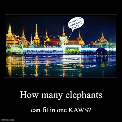 The responsible adult | How many elephants | can fit in one KAWS? | image tagged in motivational,pollution | made w/ Imgflip demotivational maker