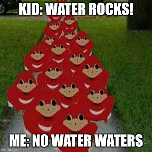 water waters | KID: WATER ROCKS! ME: NO WATER WATERS | image tagged in ugandan knuckles army,les goooo | made w/ Imgflip meme maker