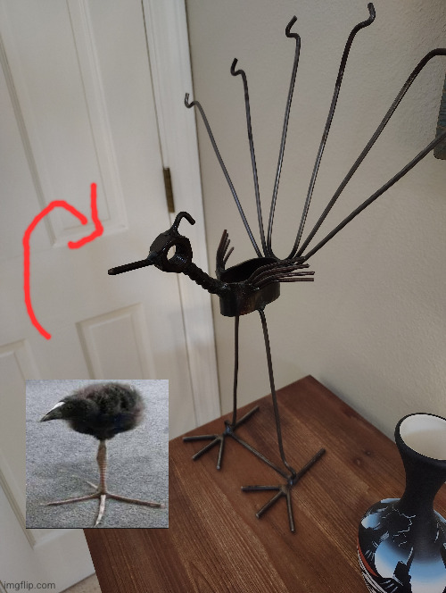 vandalism ! ( this was at my youth pastors house) | image tagged in tripod leg bird,bird,funny,statue,vandalism,meme | made w/ Imgflip meme maker