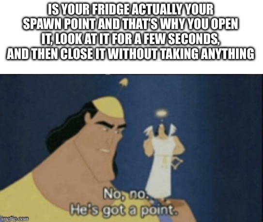 We all do this | IS YOUR FRIDGE ACTUALLY YOUR SPAWN POINT AND THAT’S WHY YOU OPEN IT, LOOK AT IT FOR A FEW SECONDS, AND THEN CLOSE IT WITHOUT TAKING ANYTHING | image tagged in no no hes got a point,shower thoughts,fridge,refrigerator,spawn,relatable | made w/ Imgflip meme maker