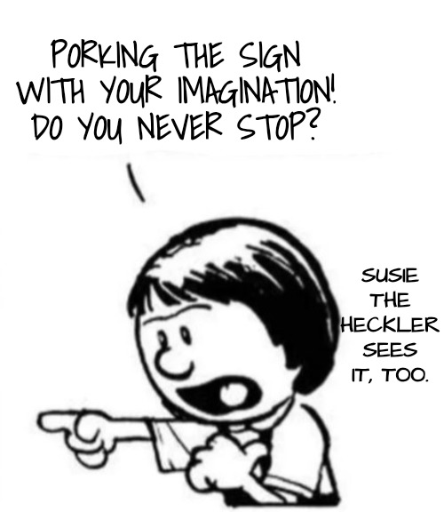 Susie yelling at Calvin | PORKING THE SIGN WITH YOUR IMAGINATION! DO YOU NEVER STOP? SUSIE THE HECKLER SEES IT, TOO. | image tagged in susie yelling at calvin | made w/ Imgflip meme maker