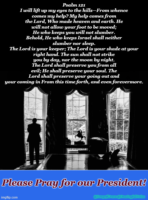 Pray Psalm 121 Over President Trump | Psalm 121
I will lift up my eyes to the hills—From whence comes my help? My help comes from the Lord, Who made heaven and earth. He will not allow your foot to be moved; He who keeps you will not slumber. Behold, He who keeps Israel shall neither slumber nor sleep.
The Lord is your keeper; The Lord is your shade at your right hand. The sun shall not strike you by day, nor the moon by night. The Lord shall preserve you from all evil; He shall preserve your soul. The Lord shall preserve your going out and your coming in From this time forth, and even forevermore. Please Pray for our President! @SongofGrace @OneJoyfulNoise | image tagged in pray the psalms | made w/ Imgflip meme maker