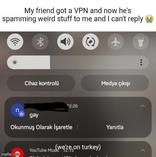 Bruh | My friend got a VPN and now he's spamming weird stuff to me and I can't reply 😭; (we're on turkey) | image tagged in bruh moment | made w/ Imgflip meme maker