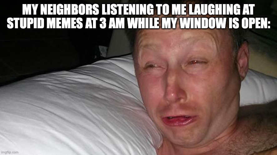 rhehehehe | MY NEIGHBORS LISTENING TO ME LAUGHING AT STUPID MEMES AT 3 AM WHILE MY WINDOW IS OPEN: | image tagged in woken up | made w/ Imgflip meme maker