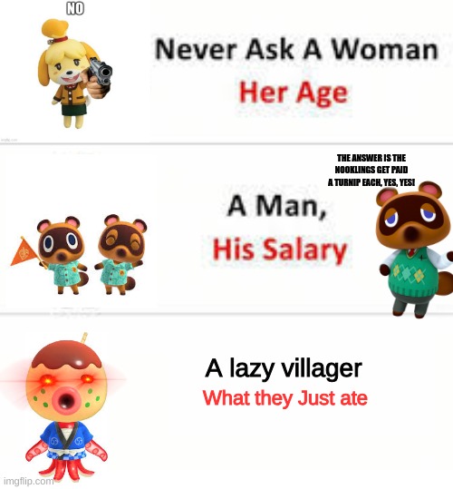 What did Bro eat? | THE ANSWER IS THE NOOKLINGS GET PAID A TURNIP EACH, YES, YES! A lazy villager; What they Just ate | image tagged in never ask a woman her age,animal crossing | made w/ Imgflip meme maker