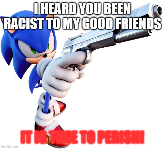 Sonic Hears you have been racist | I HEARD YOU BEEN RACIST TO MY GOOD FRIENDS; IT IS TIME TO PERISH! | image tagged in sonic with a gun | made w/ Imgflip meme maker