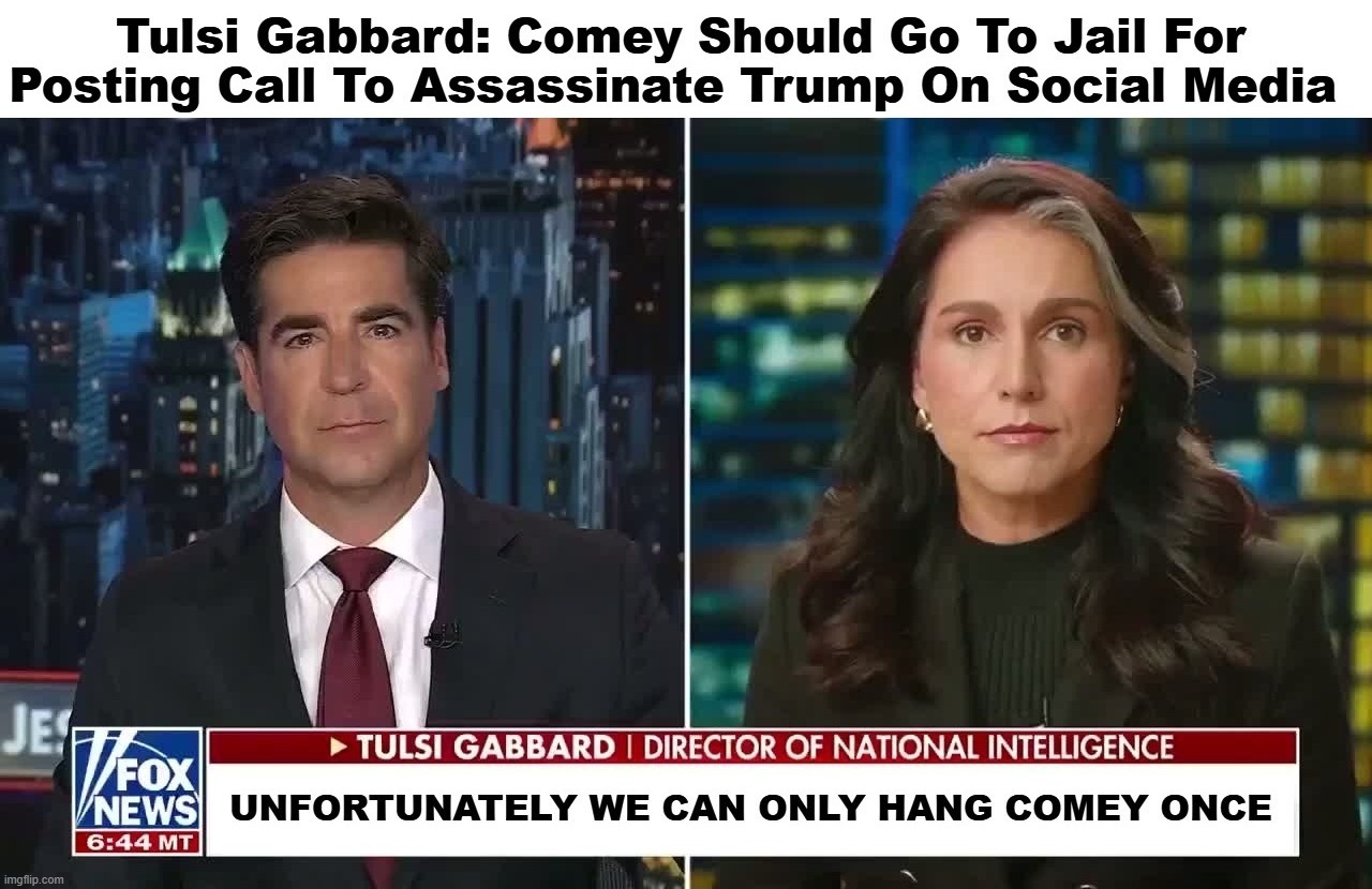 Tulsi Gabbard: Comey Should Go To Jail For Posting Call To Assassinate Trump On Social Media | image tagged in tulsi gabbard,fbi director james comey,hanging out,hanging,sedition,treason | made w/ Imgflip meme maker