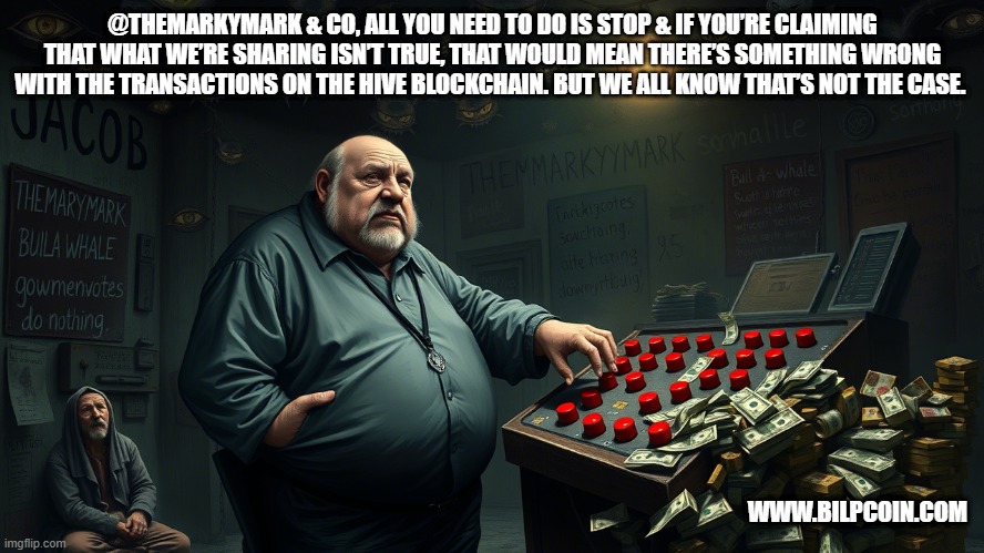 @THEMARKYMARK & CO, ALL YOU NEED TO DO IS STOP & IF YOU’RE CLAIMING THAT WHAT WE’RE SHARING ISN’T TRUE, THAT WOULD MEAN THERE’S SOMETHING WRONG WITH THE TRANSACTIONS ON THE HIVE BLOCKCHAIN. BUT WE ALL KNOW THAT’S NOT THE CASE. WWW.BILPCOIN.COM | made w/ Imgflip meme maker