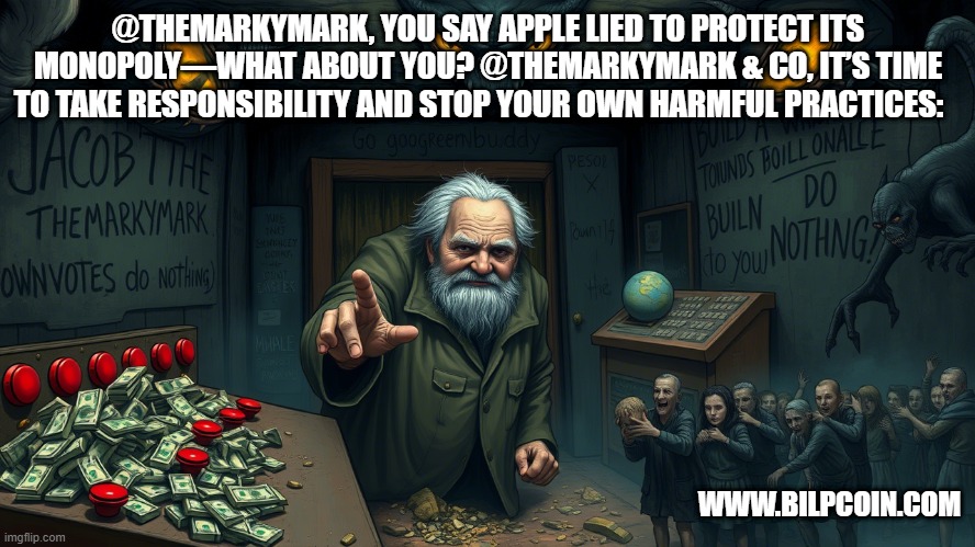 @THEMARKYMARK, YOU SAY APPLE LIED TO PROTECT ITS MONOPOLY—WHAT ABOUT YOU? @THEMARKYMARK & CO, IT’S TIME TO TAKE RESPONSIBILITY AND STOP YOUR OWN HARMFUL PRACTICES:; WWW.BILPCOIN.COM | made w/ Imgflip meme maker