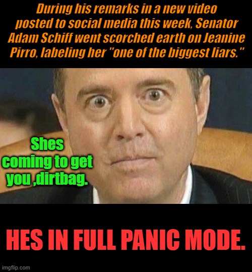 Physco | During his remarks in a new video posted to social media this week, Senator Adam Schiff went scorched earth on Jeanine Pirro, labeling her "one of the biggest liars."; Shes coming to get you ,dirtbag. HES IN FULL PANIC MODE. | image tagged in adam schiff weird eyes | made w/ Imgflip meme maker