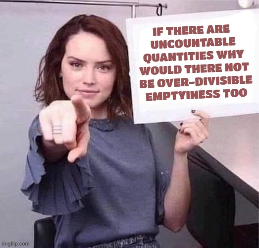 when did mathematicians stop asking good questions and sell out to 'productivity' | IF THERE ARE 
UNCOUNTABLE
 QUANTITIES WHY 
WOULD THERE NOT
 BE OVER-DIVISIBLE
 EMPTYINESS TOO | image tagged in woman pointing holding blank sign,one good ask | made w/ Imgflip meme maker