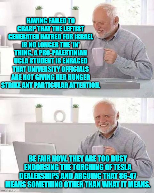 Priorities.  Some leftist-manufactured virtue-signaling is more important than others. | HAVING FAILED TO GRASP THAT THE LEFTIST GENERATED HATRED FOR ISRAEL IS NO LONGER THE 'IN' THING, A PRO-PALESTINIAN UCLA STUDENT IS ENRAGED THAT UNIVERSITY OFFICIALS ARE NOT GIVING HER HUNGER STRIKE ANY PARTICULAR ATTENTION. BE FAIR NOW, THEY ARE TOO BUSY ENDORSING THE TORCHING OF TESLA DEALERSHIPS AND ARGUING THAT 86-47 MEANS SOMETHING OTHER THAN WHAT IT MEANS. | image tagged in hide the pain harold | made w/ Imgflip meme maker