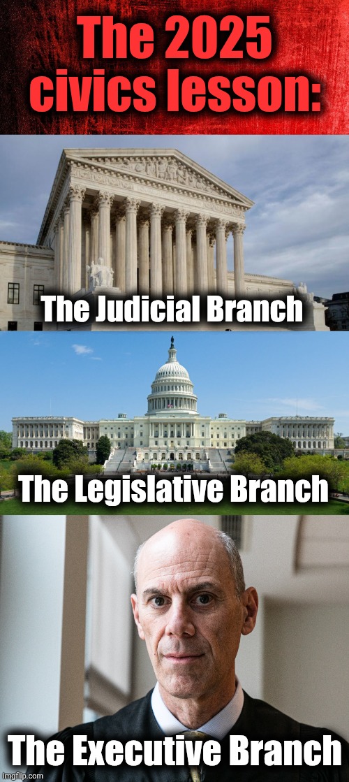 The 2025
civics lesson:; The Judicial Branch; The Legislative Branch; The Executive Branch | image tagged in memes,judicial,legislative,executive,democrats,trump derangement syndrome | made w/ Imgflip meme maker