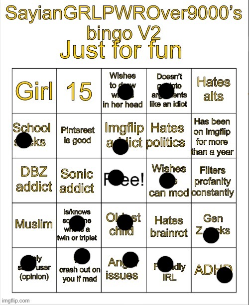 SayianGRLPWROver9000’s bingo V2 | image tagged in sayiangrlpwrover9000 s bingo v2 | made w/ Imgflip meme maker