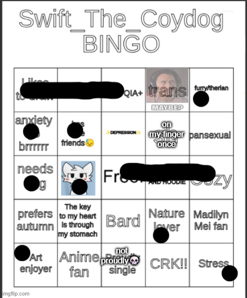 Swift_The_Coydog Bingo | on my finger once; not proudly💀 | image tagged in swift_the_coydog bingo | made w/ Imgflip meme maker